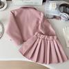 Girls' Spring/Fall PU Leather Set - Korean-Style Biker Jacket + Pleated Skirt Solid Color Simple Two-Piece Set