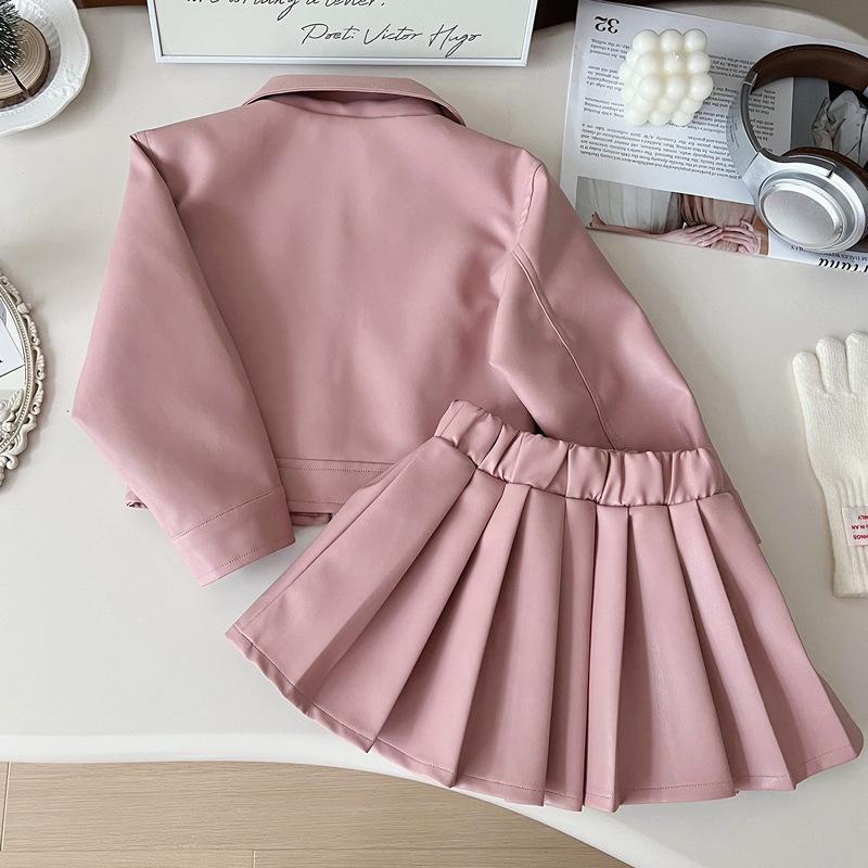Girls' Spring/Fall PU Leather Set - Korean-Style Biker Jacket + Pleated Skirt Solid Color Simple Two-Piece Set