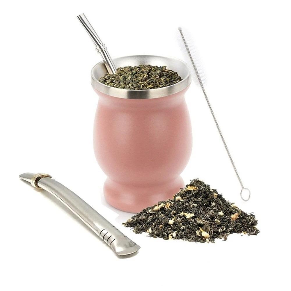 

Practical 230 ML Yerba Mate Cup Double Wall Stainless Steel Straw Cup Reusable with Cleaning Brush Tea Cup Set Tea Drinking розовый