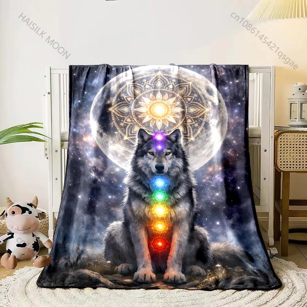 1PC Wolf Starry Sky Full Moon Chakras Print Adult Children Warm Blankets Home Sofa Travel Camping RV Suitable for All Seasons