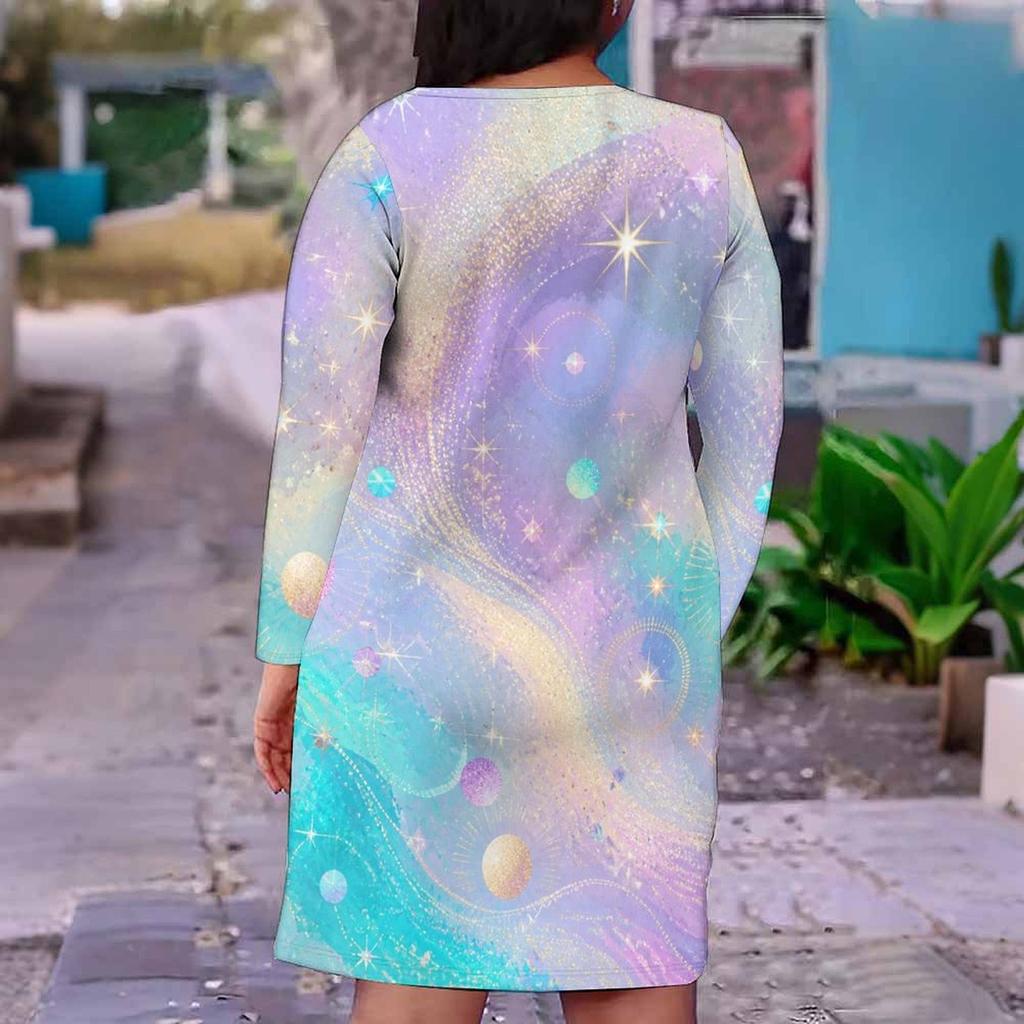 Women Plus Size V Neck Long Sleeve Printed Fitted Straight Dress White Black