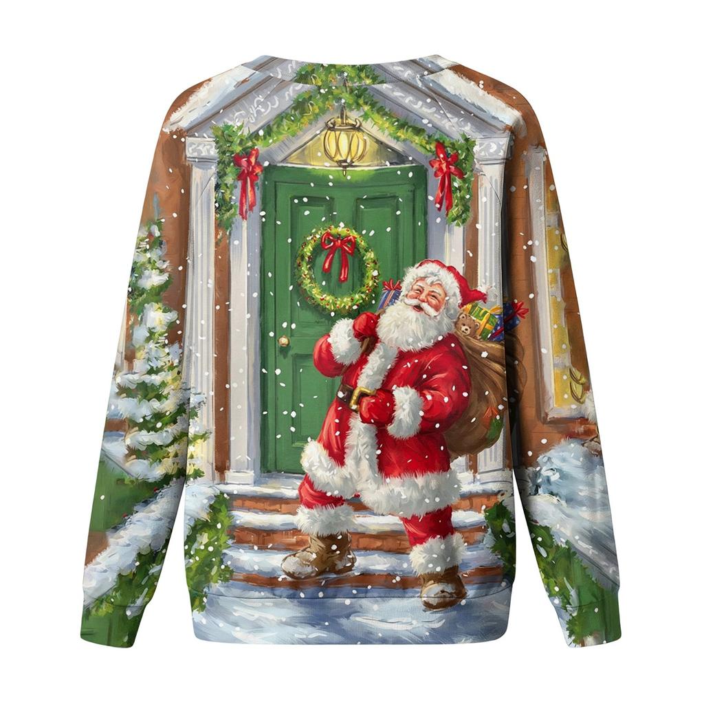 Women's Casual Neck Long Sleeve Raglan Christmas Print Pullover Sweatshirt