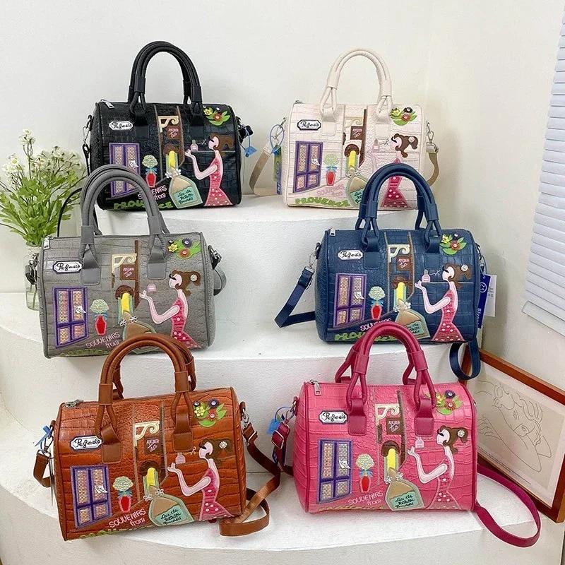 European And American Embroidered Three-Dimensional Women'S Bag New Large Capacity Shoulder  Boston Bag Trendy Crossbody Bag
