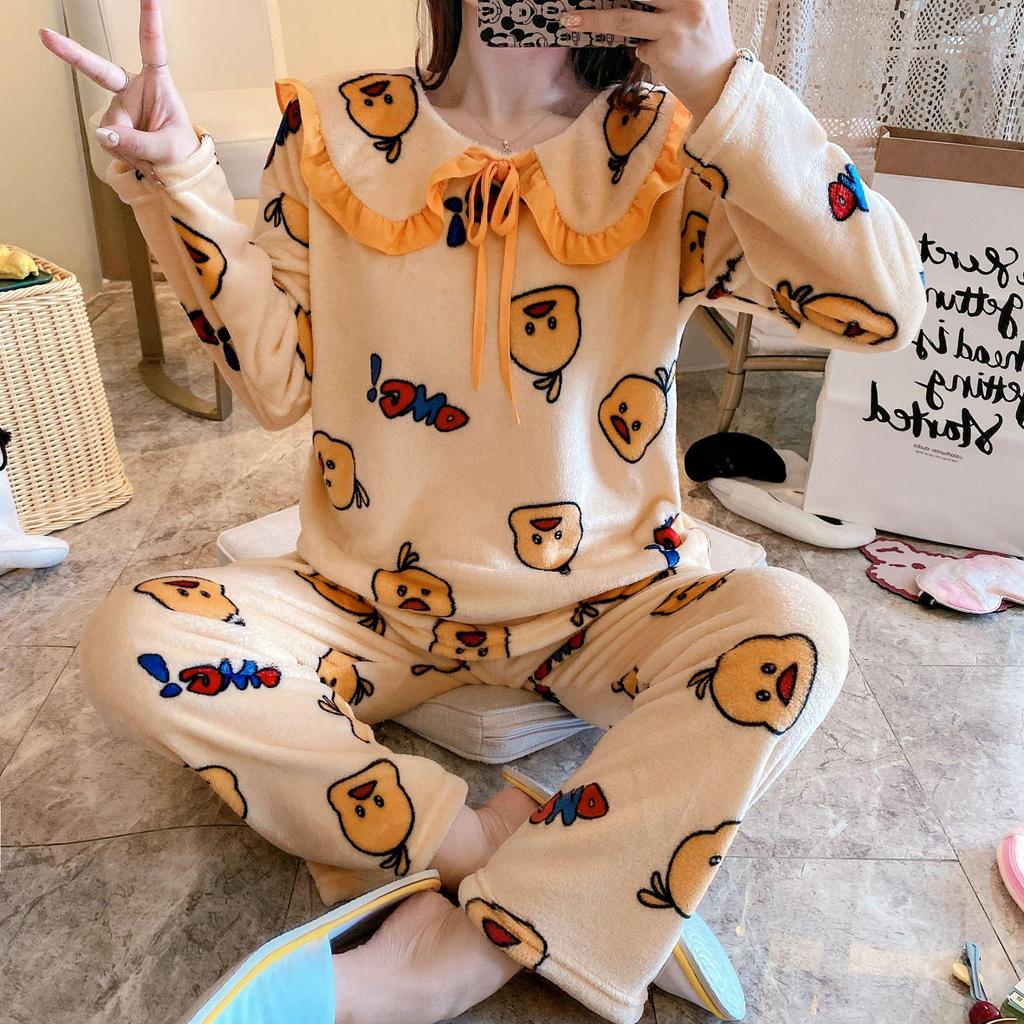 Women's Coral Fleece Pajamas: Warm, Thick Cardigan Lapel Homewear Set for Autumn and Winter