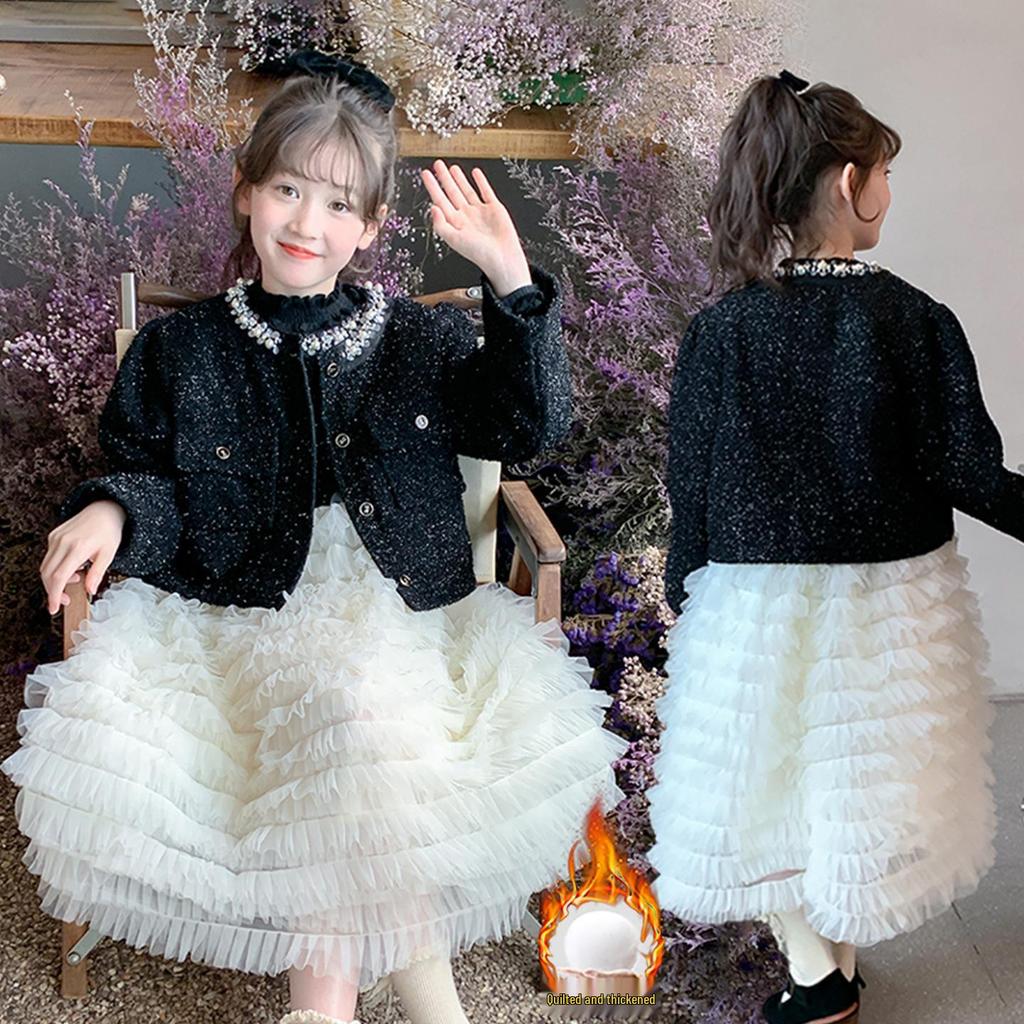 Girls' Autumn Pearl Collar Mesh Vest Princess Dress Set - 2025