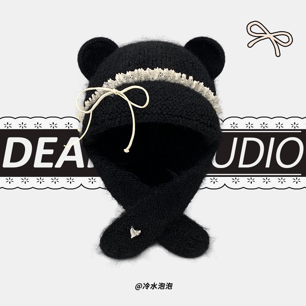 

Cute three-dimensional bear ears lace bow wool hat warm versatile face small ear protector pullover hat M（56-58cm） чорний