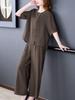 Stylish Cotton Linen Summer Outfit Set for Middle-aged Women - Short Sleeve Top 2026