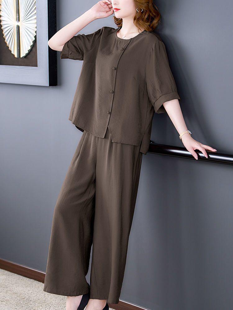 Stylish Cotton Linen Summer Outfit Set for Middle-aged Women - Short Sleeve Top 2026