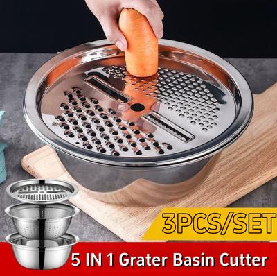 Cuenco Rallador 5 en 1 para Frutas Verduras Herramienta de Cocina Rebanado Cortado Frutas Verduras Cuenco de Acero Inoxidable Cortador de Verduras Multifuncional