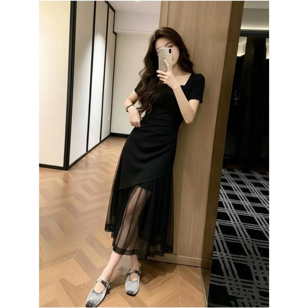 Summer New Korean Version Temperament Square Collar Thin Mesh Splicing Dress for Women, Especially Beautiful Waist Pinching Small Skirt for Women