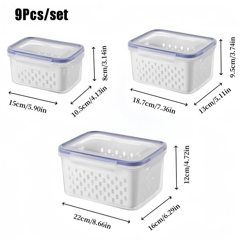 9Pcs/set Fruit Storage Containers for Fridge, Fridge with Removable Colander, All-In-One Fruit Washing Bowl with Strainer