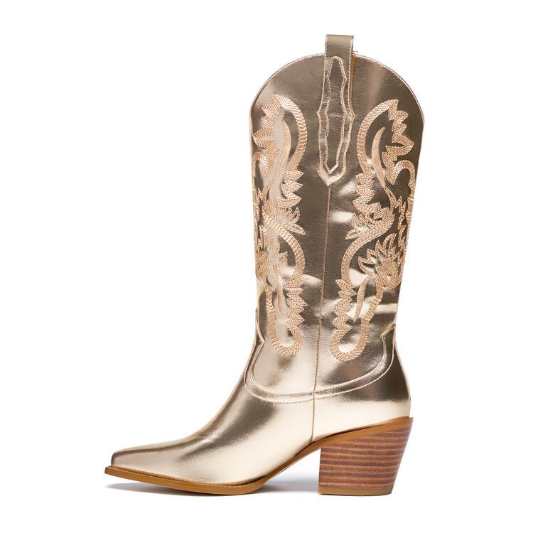 New single western cowboy boots gold embroidered high heel pointed high knight boots