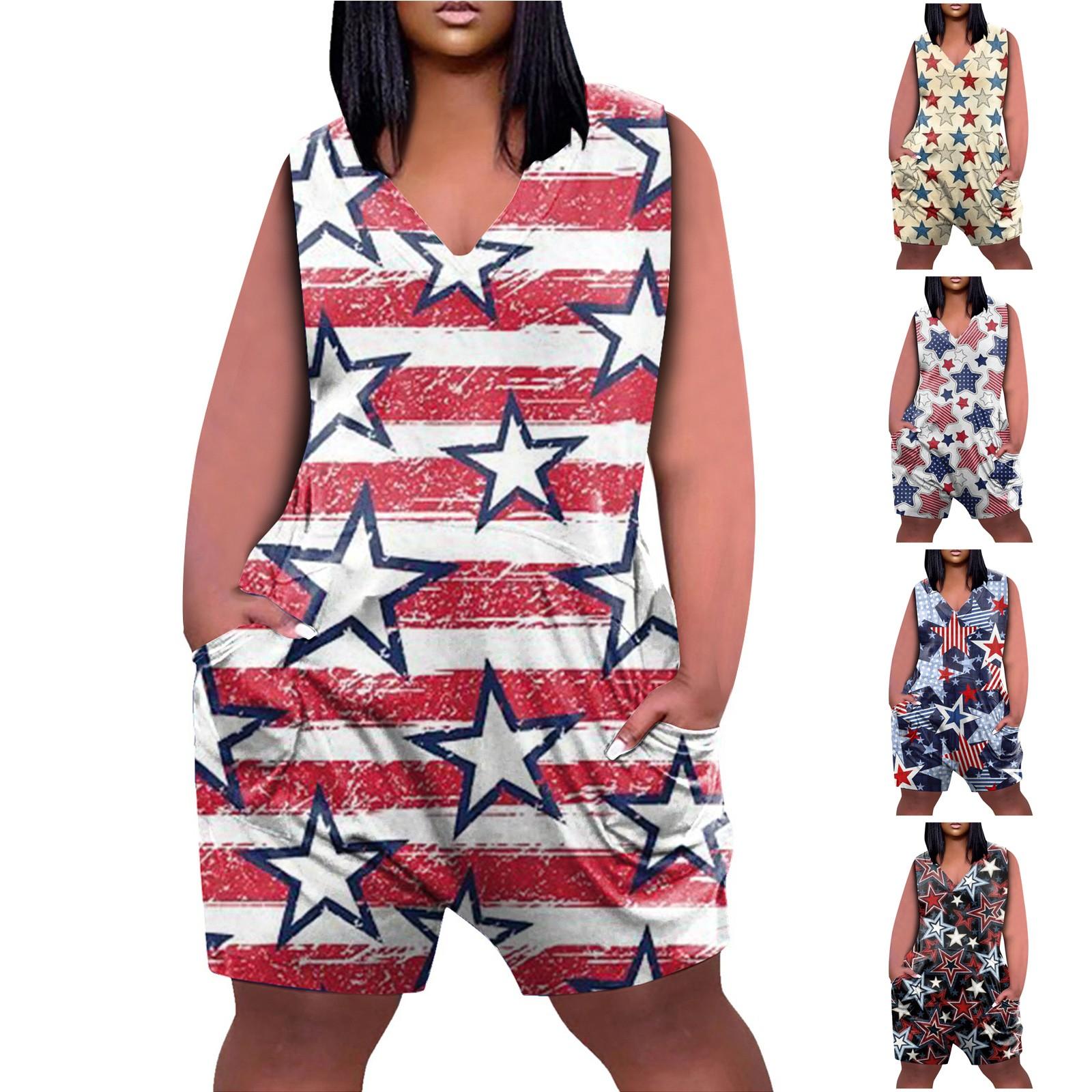 

Женские повседневные комбинезоны без рукавов с принтом Дня независимости и V-образным вырезом, карманы больших размеров, широкие шорты, комбинезоны