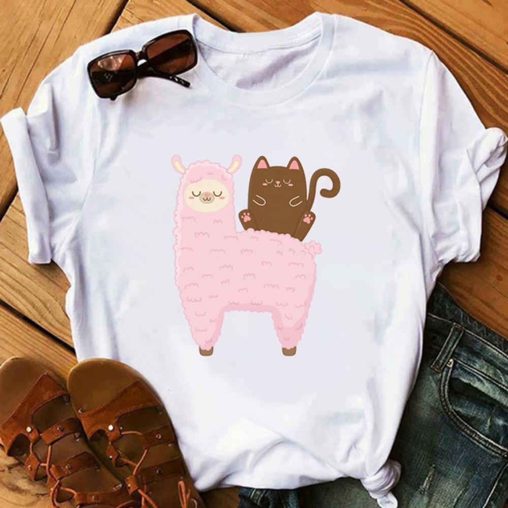 

Funny Alpaca Lettering Art Women White Casual Loose Oversized Shirt Streetwear Daily Summer Tops Round Neck Durable Plus Size S
