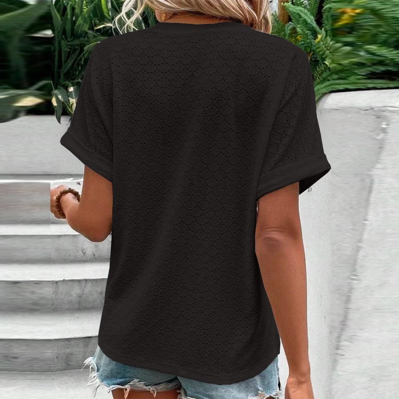 2025 Spring/Summer Women's Fashion Casual Solid Color V-neck Button T-shirt