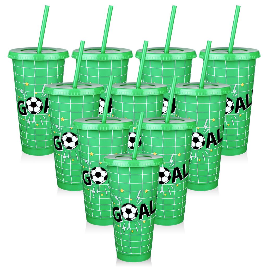 10 Pcs 24Oz Plastic Football Cups Reusable Tumbler With Lid And Straw Decorated Soccer Birthday Party Gifts For Coach Fan Men Wo