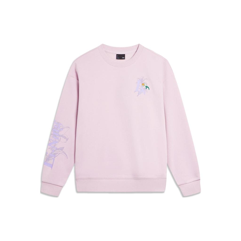 Li Ning Sports Lifestyle Series Letter Floral Fleece Warm Antibacterial Loose Pullover Sweatshirt Women Sweatshirt Lotus-Pink-Purple AWDTE44-2
