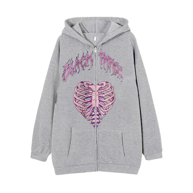 Cross-border new product spot skull wings hooded zipper sweater women's fleece thickened loose sports cardigan sweater women's