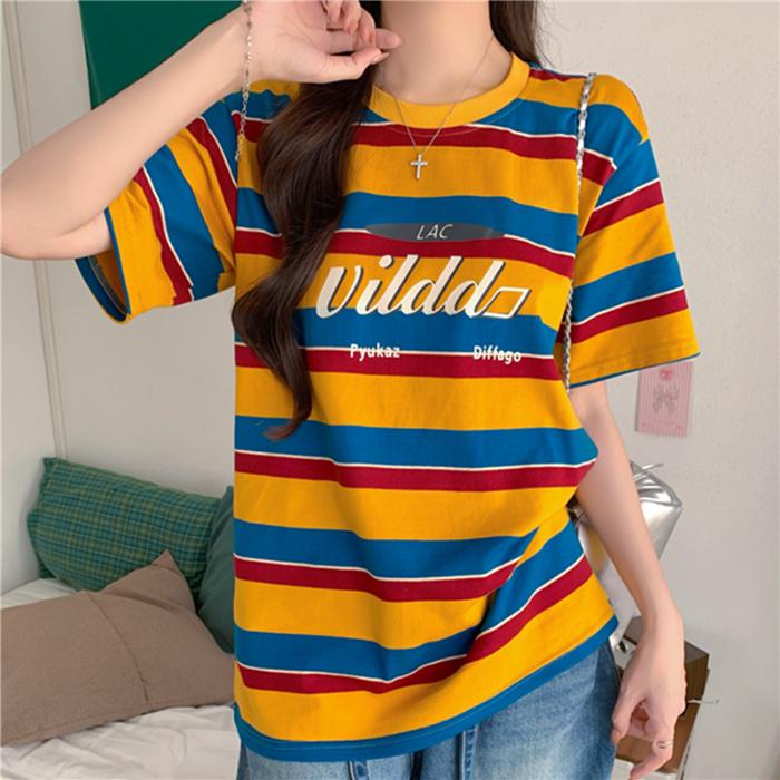 

2025 летние простые футболки с коротким рукавом для женщин, винтажные повседневные свободные футболки с радужными полосками, футболки с буквами в стиле Харадзюку, кавайные студенческие футболки, топы y2k 2XL жёлтый