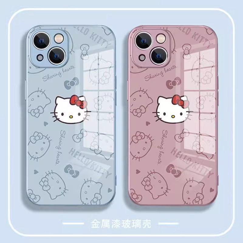Ins New Hello Kitty Metallic-Color Phone Case For Samsung S10 20 21 22 23 8 9 24 FE PLUS Ultra 5G Glass Hard Cover