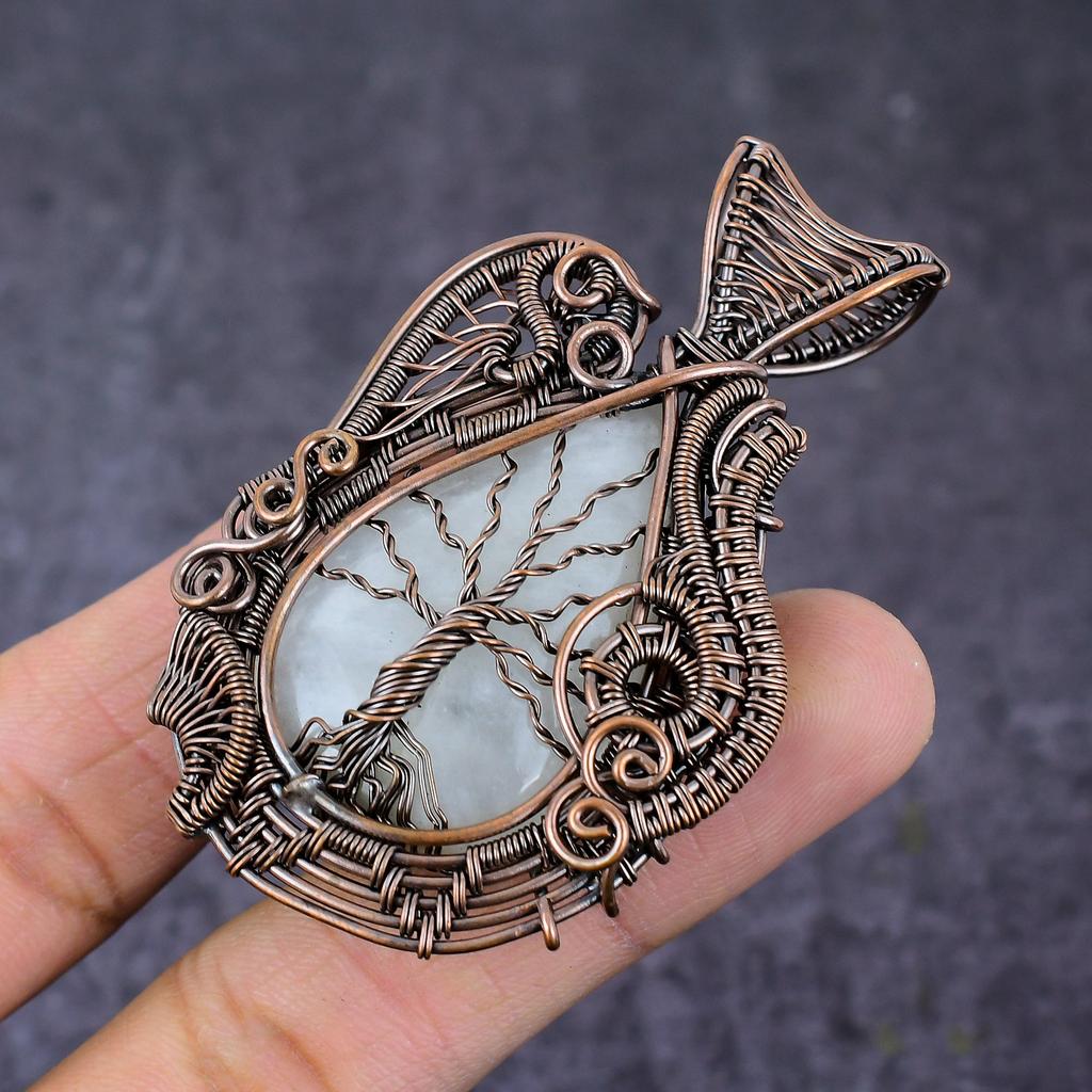 Natürlicher Regenbogen-Mondstein, Kupferdraht, Wickelanhänger Lebensbaum, 7 cm, S4F40