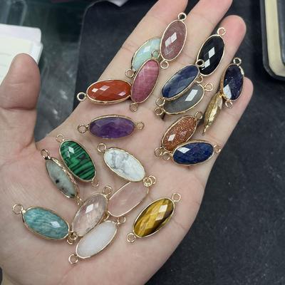 1 Stück, Facettierter Naturstein-Verbinder, Geometrischer Stil Ovaler Kristallachat Amethyst Jade Edelstein Anhängerverbinder für Schmuckherstellung DIY 11×28mm