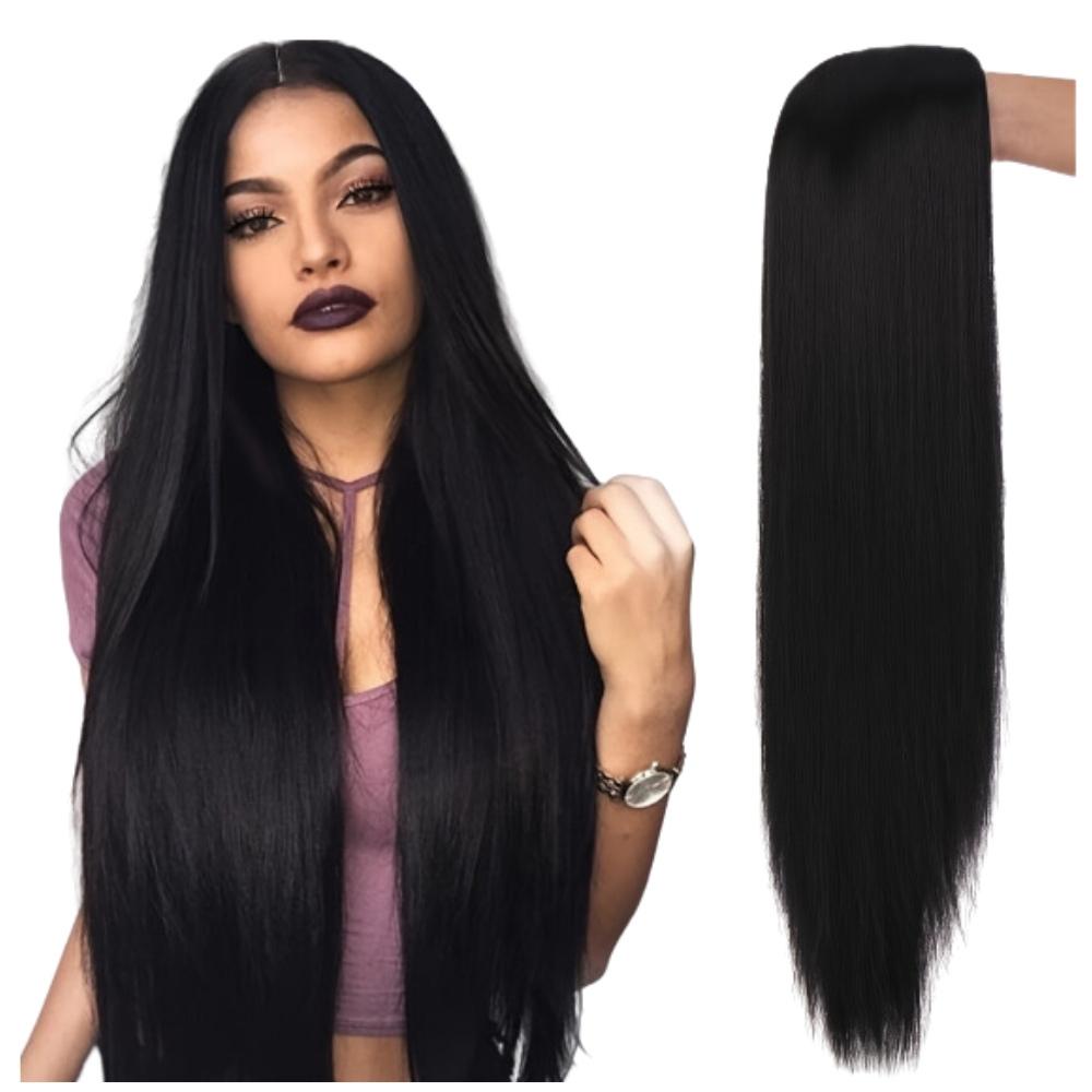 Peluca cabello negro liso largo 100 cm cosplay anime manga gorra gruesa