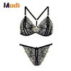 Sexy Three Point Embroidery Underwear Set Plus Size Adjustable Erotic Open Crotch Thong Flower Lingerie Micro Bikini Cupless Bra 2 piece set