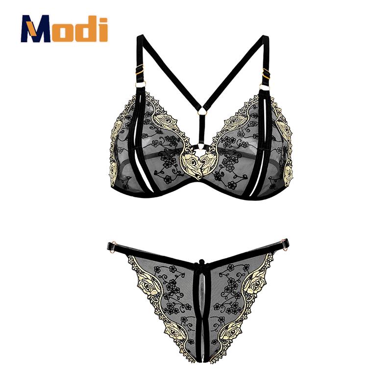 Sexy Three Point Embroidery Underwear Set Plus Size Adjustable Erotic Open Crotch Thong Flower Lingerie Micro Bikini Cupless Bra 2 piece set