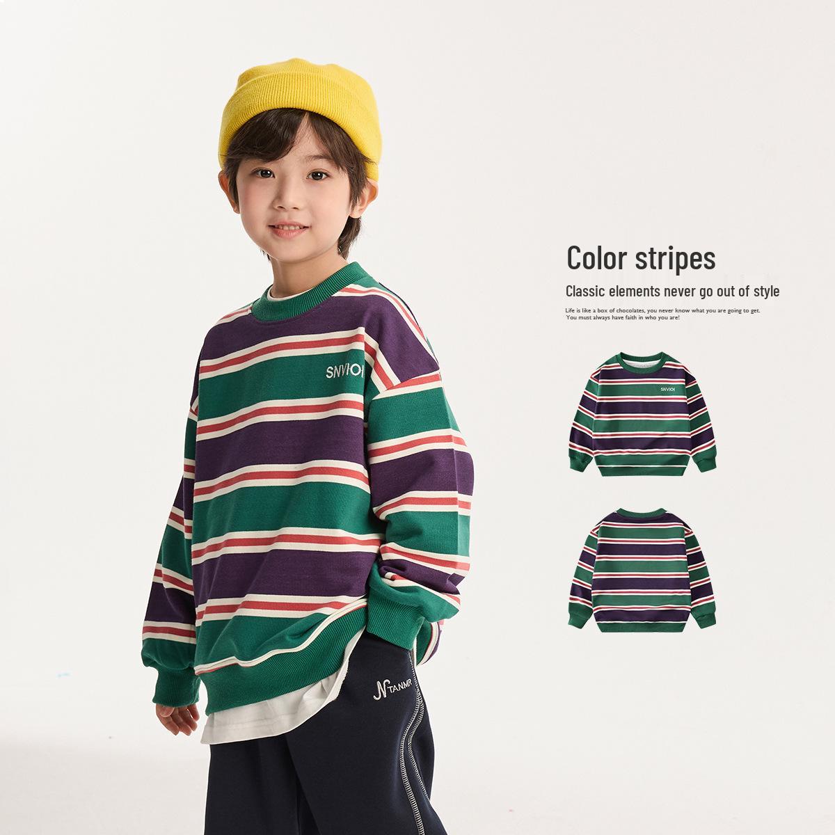 

Свитшот в полоску для мальчиков в стиле корейского пуловера для студентов Fairy Tale Memory Осень/Весна 140 cm зелёный/фиолетовый