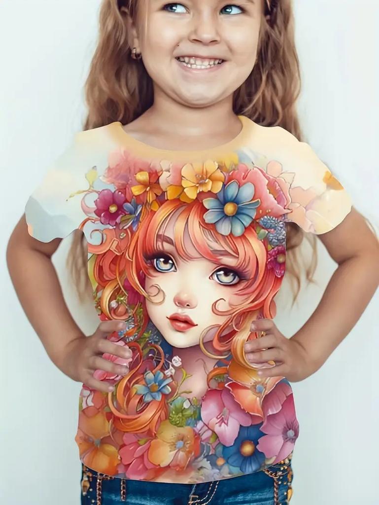 Girl Clothes Cute Cartoon Girl 3D Print Summer Casual Short Sleeve Fashion O-Neck Kids Top Trendy Streetwear Children's Clothing
