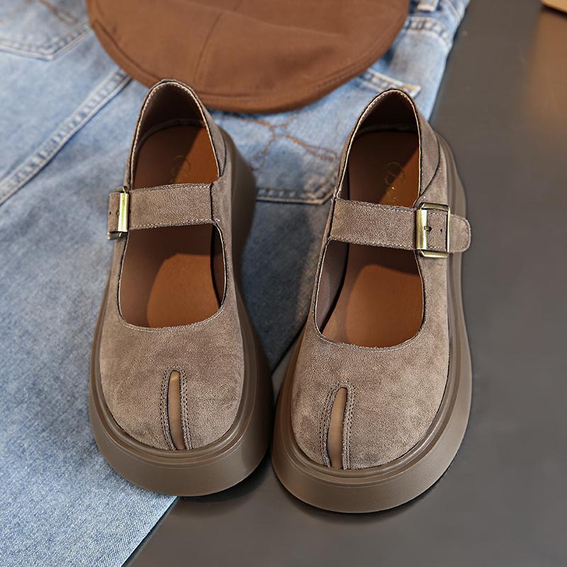 Fashion Women's Thick Sole Single Shoes Spring New Round Head Shallow Mouth Suede Metal Buckle Anti-slip Wear-resistant Low-top Shoes