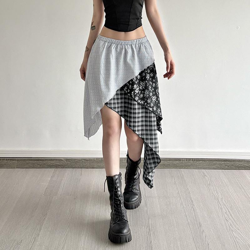 Spring/Summer Women's Low-Waist Plaid & Floral Patchwork Irregular Hem Skirt