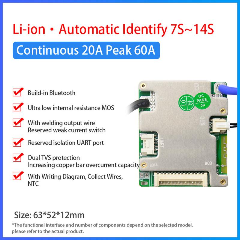 JiaBaiDa Automized Identify 7s-14s 7S 8S 9S 10S 11S 12S 13S 14S 20A 30A LFP NMC Smart BMS 24V 36V 48V Battery Management System