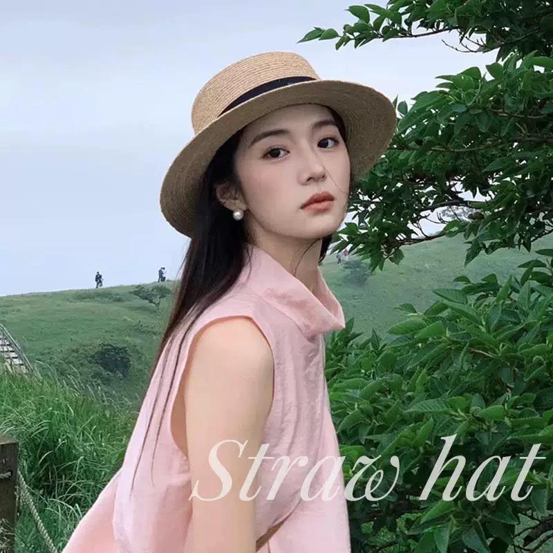 Flat-top straw hat women's straw top hat, new summer big-brimmed sun hat, seaside vacation sun hat