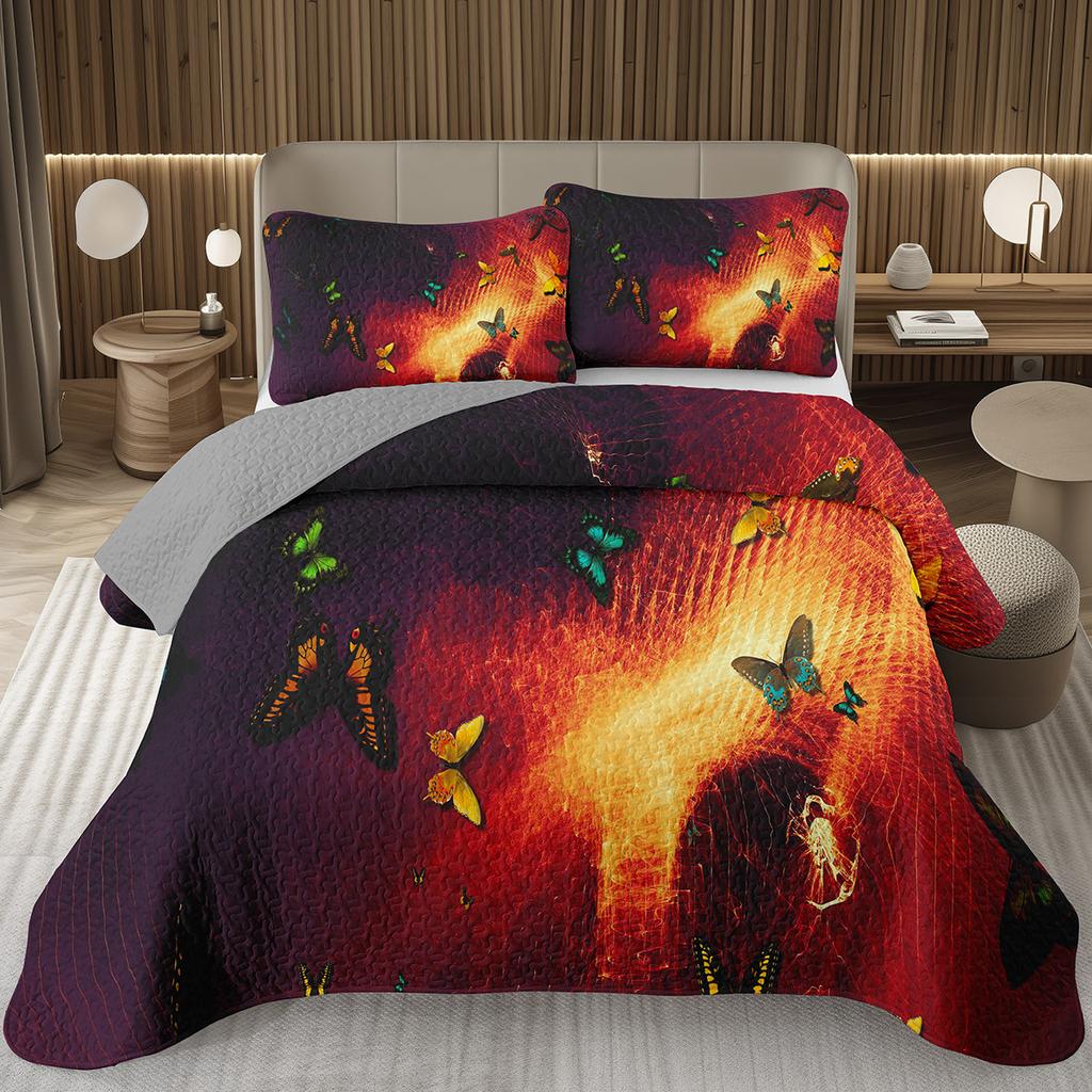 Butterfly Bedspread Twin/Queen/King Watercolor Botanical Floral Coverlet Fantasy Style Bedding Set Reversible Quilted Bedspreads