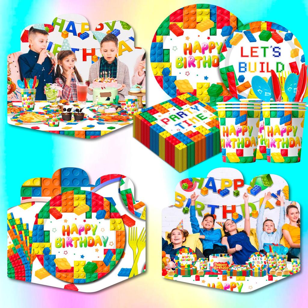 133 ks Stavebnicové kostky Potřeby na narozeninovou oslavu - Stavebnicové kostky Sada stolního nádobí na oslavu - Stavebnicové kostky Oslavné talíře Ubrousky Ubrus Banner atd.