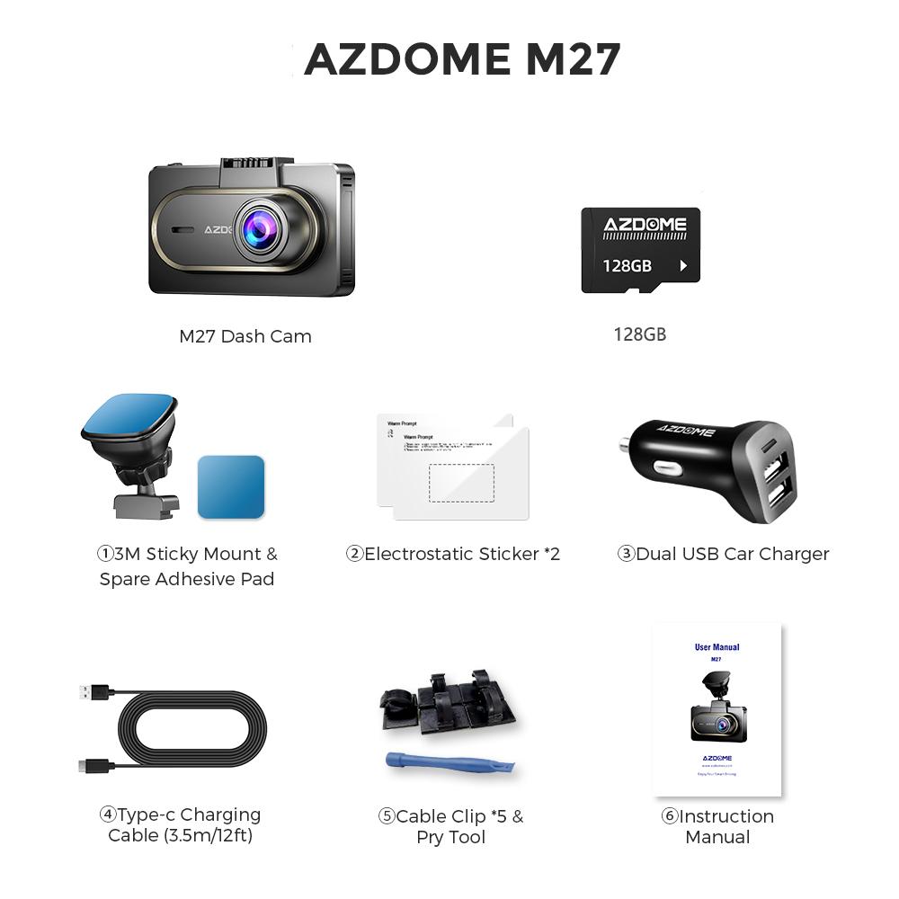 

2K Автомобильный видеорегистратор AZDOME M27 3-дюймовый видеорегистратор с ночным видением G-сенсор Wi-Fi видеорегистратор
