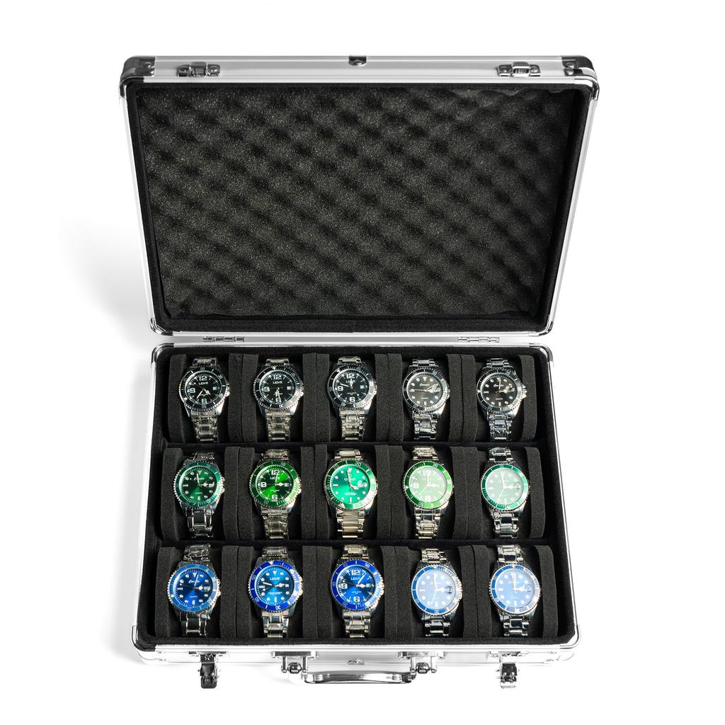 AUKURA 15 Slot Watch Organizer Silver Aluminum Watch Storage Hard Watch Travel Padded Case for Watch Display and Case, Box, Box, Organization.