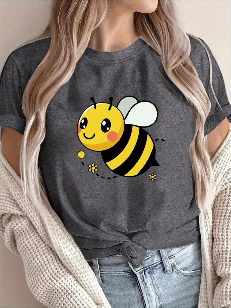 Unisex Cute Bee Graphic T-Shirt - Beige with Black & Yellow Bee Print, Soft Breathable Short Sleeve Crew Neck Tee, Lightweight & Machine Washable,