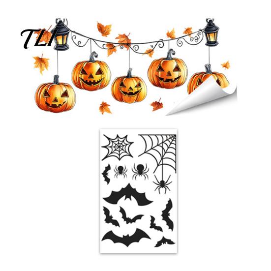 Easy Apply Glass Clings Halloween Window Clings, Pumpkins Skeletons Ghosts And Bats Print Decorative Decals, Electrostatic PVC Static