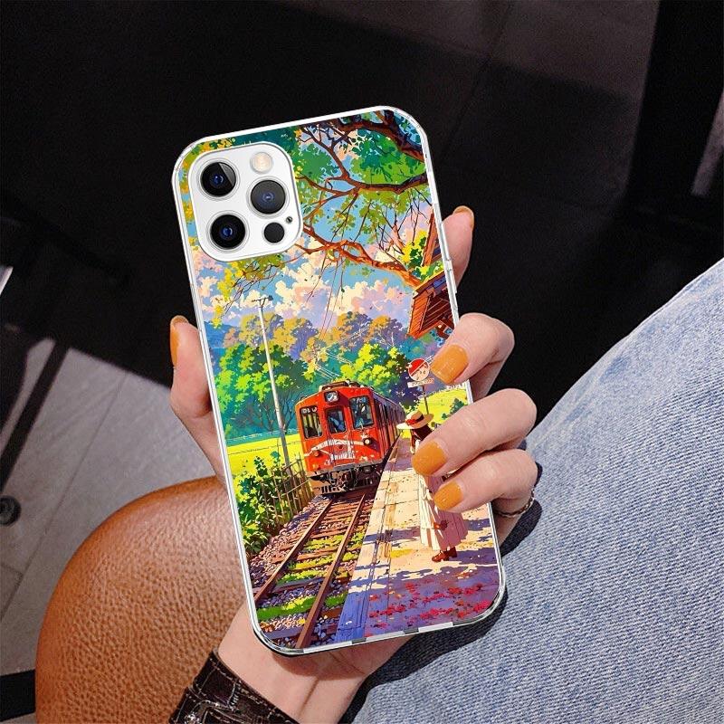 Retro Japanese Sakura Train Phone Case For iPhone 17 Air 16 Pro Max 16E 15 + 14 Plus 11 12 13 Mini 7 8 SE Gift Print Cover Funda
