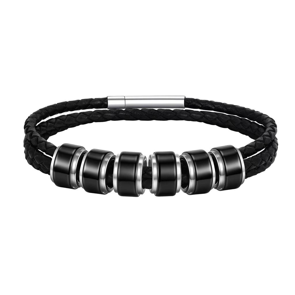 Vnox Custom 3-Layer Leather Bracelet for Men, Stainless Steel Tube Wristband, Personalized Engraved Gifts for Dad Boys Husband