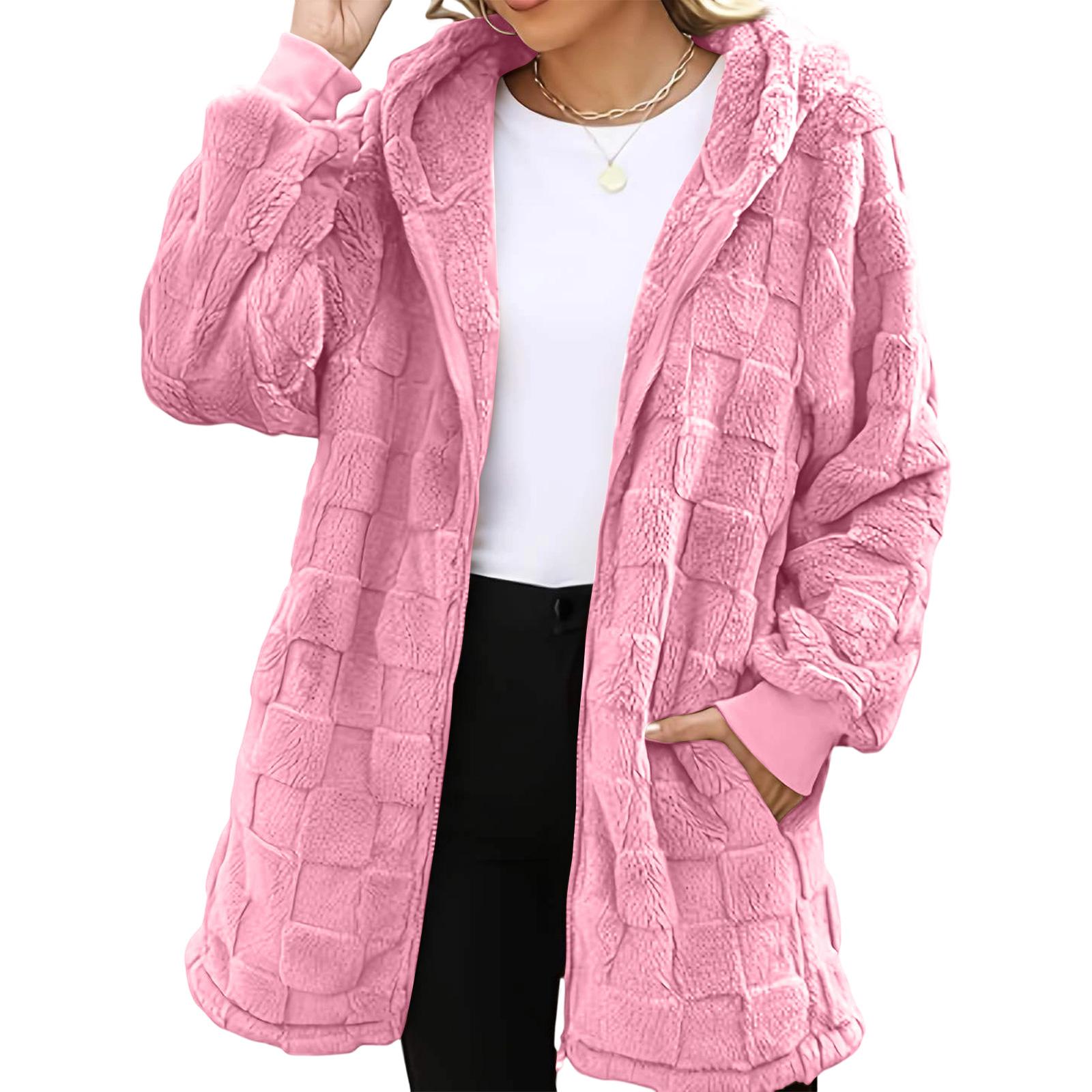 

Women s Fashionable Casual Warm Thick Checkered Plush Mid-length Elegant Button And Zipper Cardigan Coat L рожевий