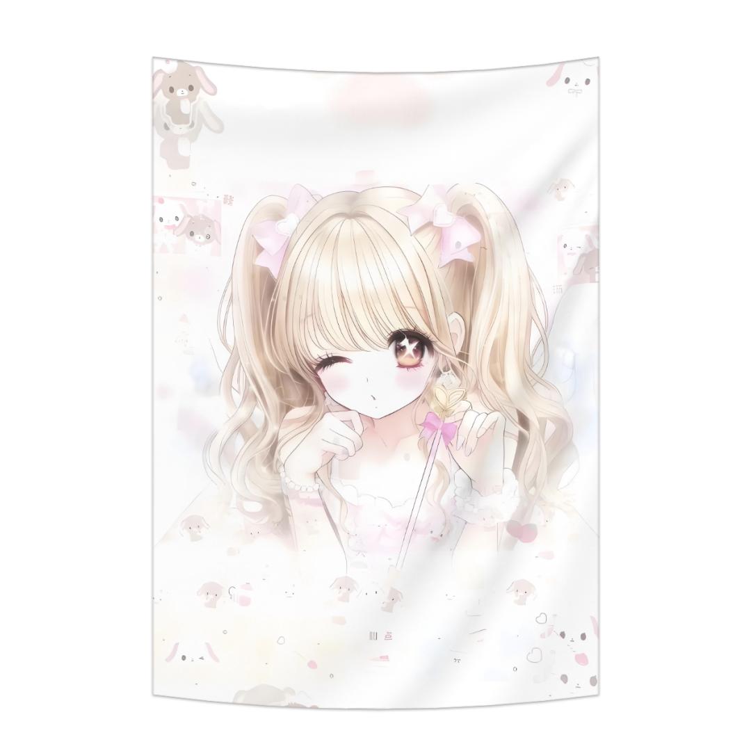 

Sweet Anime Girl Tapestry Kawaii Cartoon Style With Cute Animals And Japanese Phrases Wall Decor Background Cloth 74x94cm(29x37in)