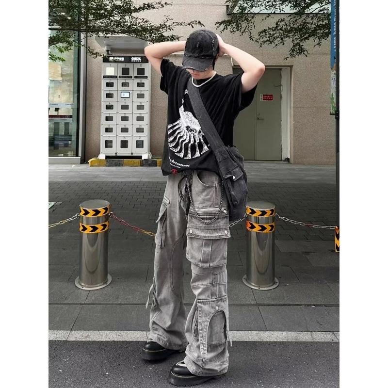 JYL Men's Cargo Flare Jeans American High-Street Multi-Pocket Vintage Floor-Length Denim