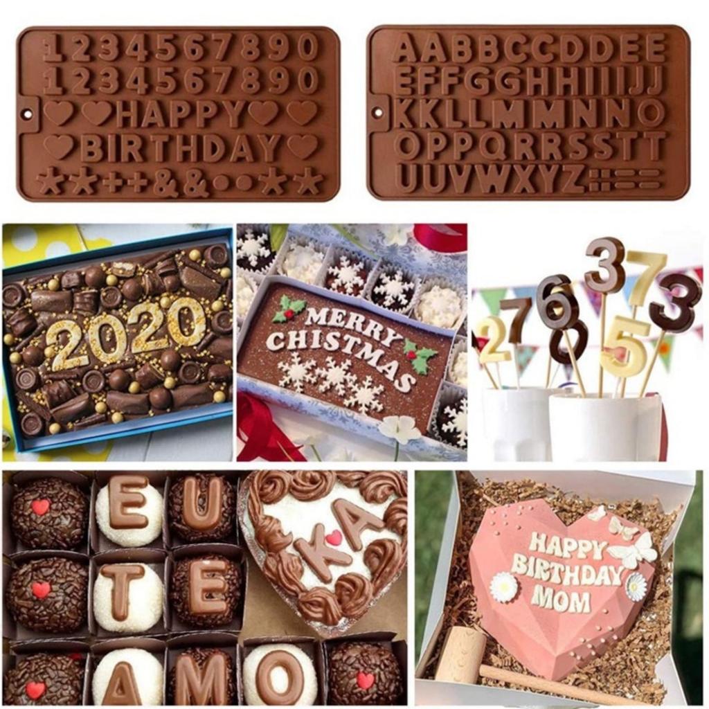 3-Pack Silicone Letter and Number Molds for Homemade Chocolate, Candy, Jelly or Ice Cubes, Cake Decorating, 21.5x11.5 cm, Brown/Pink