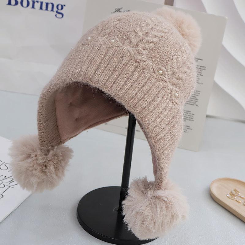 Fleece Kaninchenfell Gestrickte Thermomütze Damen Herbst und Winter Mode Pompon Ohrenschützer Wolle Pullovermütze