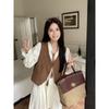 Kumikumi Gentle Wind Set French style Hollow out Long sleeve dress Women Autumn Stacked Coffee Color Vest