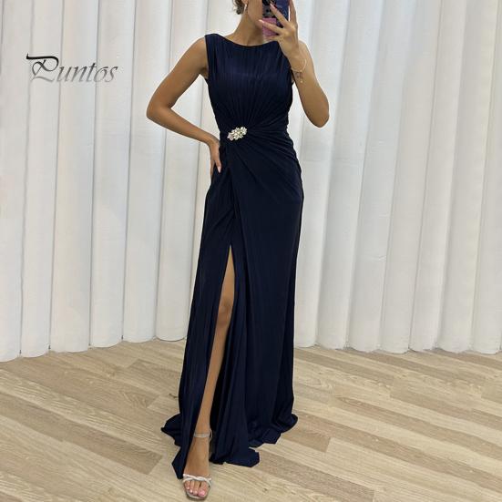 Lady Slit Hem Dress Evening Pleated Floor Length Solid Color Rhinestone Decor Sleeveless Round Neck High Waist Prom Cocktail Party Maxi Women Gown